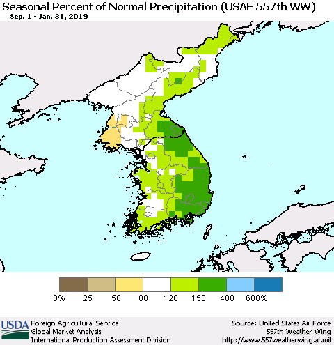 Korea Seasonal Percent of Normal Precipitation (USAF 557th WW) Thematic Map For 9/1/2018 - 1/31/2019