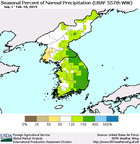 Korea Seasonal Percent of Normal Precipitation (USAF 557th WW) Thematic Map For 9/1/2018 - 2/10/2019