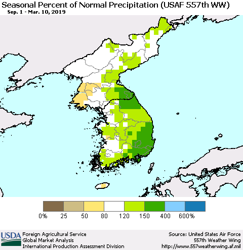 Korea Seasonal Percent of Normal Precipitation (USAF 557th WW) Thematic Map For 9/1/2018 - 3/10/2019