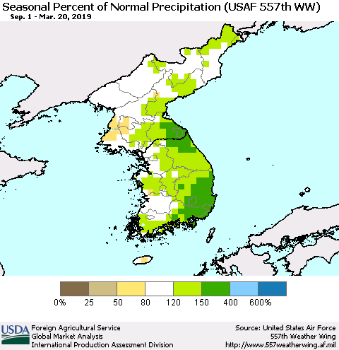 Korea Seasonal Percent of Normal Precipitation (USAF 557th WW) Thematic Map For 9/1/2018 - 3/20/2019