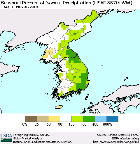 Korea Seasonal Percent of Normal Precipitation (USAF 557th WW) Thematic Map For 9/1/2018 - 3/31/2019