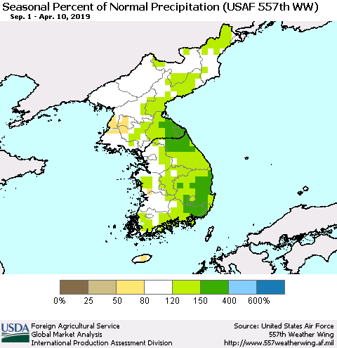 Korea Seasonal Percent of Normal Precipitation (USAF 557th WW) Thematic Map For 9/1/2018 - 4/10/2019