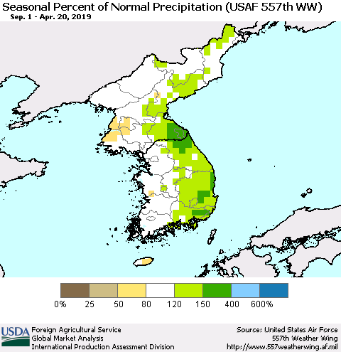 Korea Seasonal Percent of Normal Precipitation (USAF 557th WW) Thematic Map For 9/1/2018 - 4/20/2019