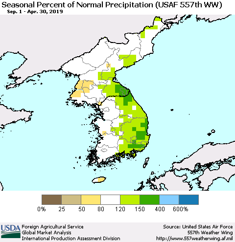 Korea Seasonal Percent of Normal Precipitation (USAF 557th WW) Thematic Map For 9/1/2018 - 4/30/2019