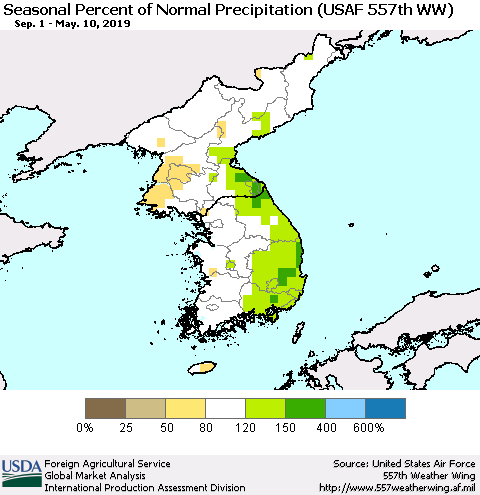 Korea Seasonal Percent of Normal Precipitation (USAF 557th WW) Thematic Map For 9/1/2018 - 5/10/2019