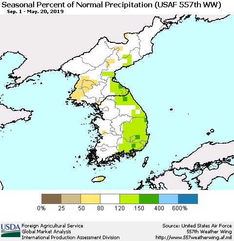Korea Seasonal Percent of Normal Precipitation (USAF 557th WW) Thematic Map For 9/1/2018 - 5/20/2019