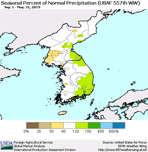 Korea Seasonal Percent of Normal Precipitation (USAF 557th WW) Thematic Map For 9/1/2018 - 5/31/2019