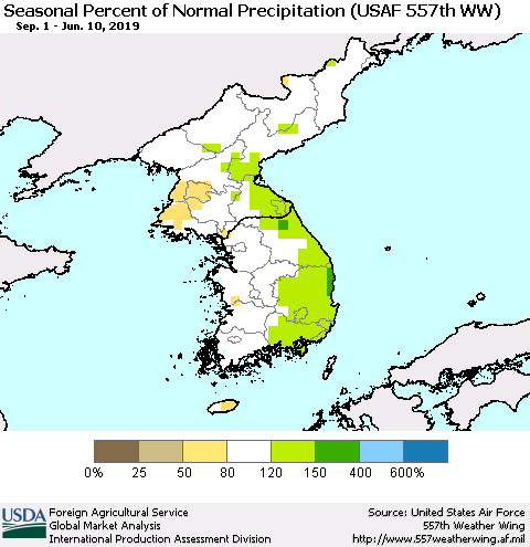Korea Seasonal Percent of Normal Precipitation (USAF 557th WW) Thematic Map For 9/1/2018 - 6/10/2019