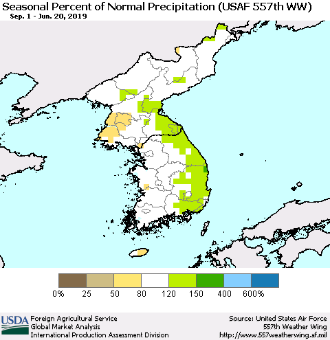 Korea Seasonal Percent of Normal Precipitation (USAF 557th WW) Thematic Map For 9/1/2018 - 6/20/2019