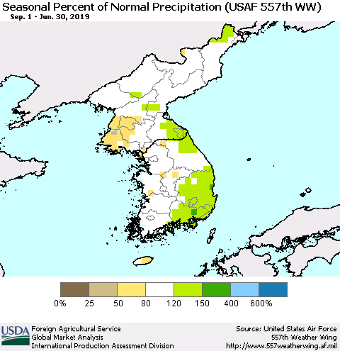 Korea Seasonal Percent of Normal Precipitation (USAF 557th WW) Thematic Map For 9/1/2018 - 6/30/2019