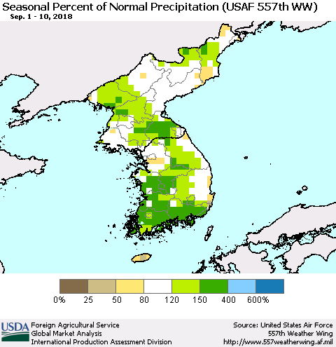 Korea Seasonal Percent of Normal Precipitation (USAF 557th WW) Thematic Map For 9/1/2018 - 9/10/2018