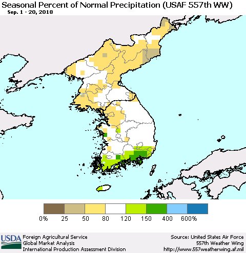 Korea Seasonal Percent of Normal Precipitation (USAF 557th WW) Thematic Map For 9/1/2018 - 9/20/2018