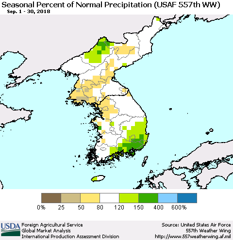Korea Seasonal Percent of Normal Precipitation (USAF 557th WW) Thematic Map For 9/1/2018 - 9/30/2018
