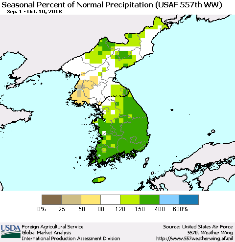 Korea Seasonal Percent of Normal Precipitation (USAF 557th WW) Thematic Map For 9/1/2018 - 10/10/2018