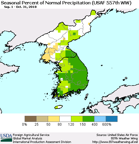 Korea Seasonal Percent of Normal Precipitation (USAF 557th WW) Thematic Map For 9/1/2018 - 10/31/2018