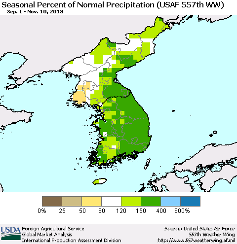 Korea Seasonal Percent of Normal Precipitation (USAF 557th WW) Thematic Map For 9/1/2018 - 11/10/2018