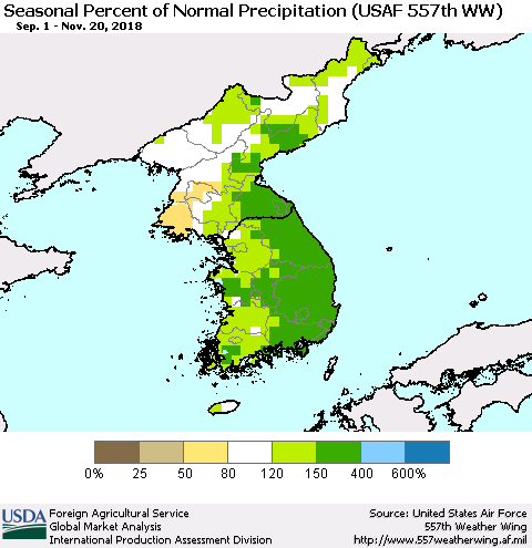 Korea Seasonal Percent of Normal Precipitation (USAF 557th WW) Thematic Map For 9/1/2018 - 11/20/2018