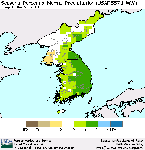 Korea Seasonal Percent of Normal Precipitation (USAF 557th WW) Thematic Map For 9/1/2018 - 12/20/2018