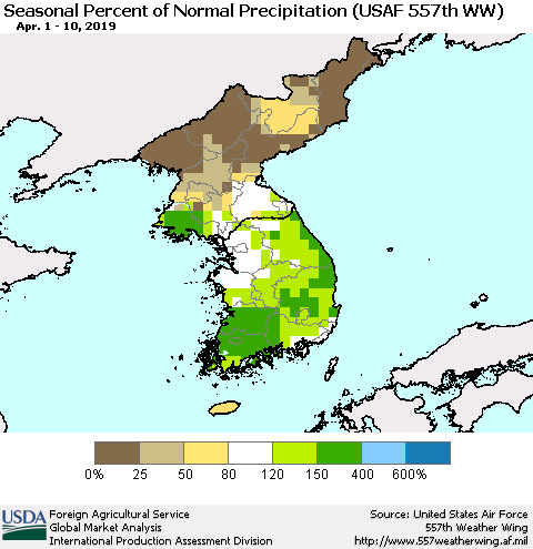 Korea Seasonal Percent of Normal Precipitation (USAF 557th WW) Thematic Map For 4/1/2019 - 4/10/2019