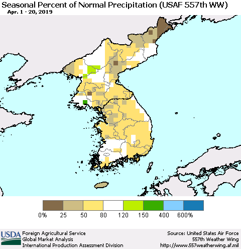 Korea Seasonal Percent of Normal Precipitation (USAF 557th WW) Thematic Map For 4/1/2019 - 4/20/2019