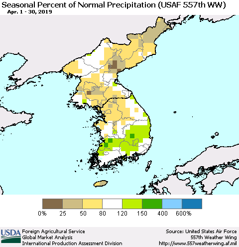 Korea Seasonal Percent of Normal Precipitation (USAF 557th WW) Thematic Map For 4/1/2019 - 4/30/2019