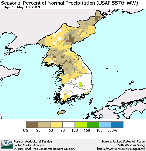 Korea Seasonal Percent of Normal Precipitation (USAF 557th WW) Thematic Map For 4/1/2019 - 5/10/2019