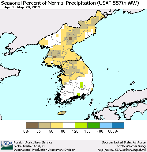 Korea Seasonal Percent of Normal Precipitation (USAF 557th WW) Thematic Map For 4/1/2019 - 5/20/2019