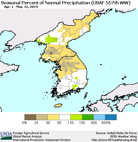Korea Seasonal Percent of Normal Precipitation (USAF 557th WW) Thematic Map For 4/1/2019 - 5/31/2019
