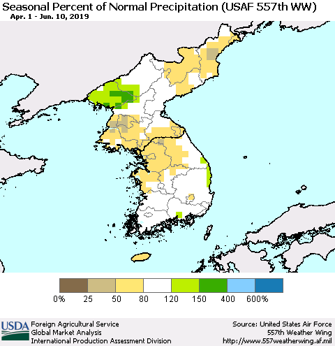 Korea Seasonal Percent of Normal Precipitation (USAF 557th WW) Thematic Map For 4/1/2019 - 6/10/2019