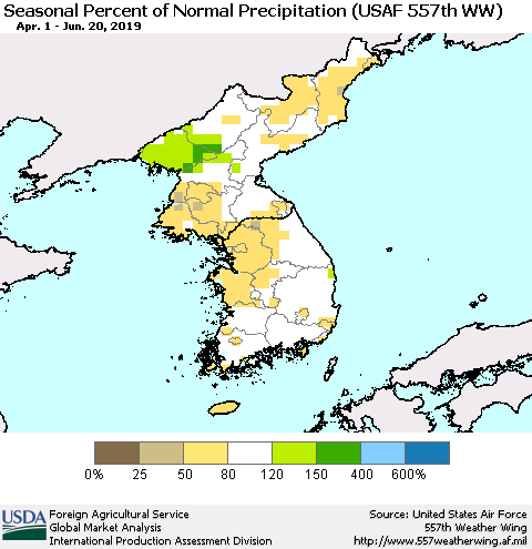 Korea Seasonal Percent of Normal Precipitation (USAF 557th WW) Thematic Map For 4/1/2019 - 6/20/2019