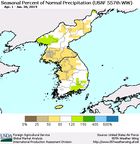 Korea Seasonal Percent of Normal Precipitation (USAF 557th WW) Thematic Map For 4/1/2019 - 6/30/2019