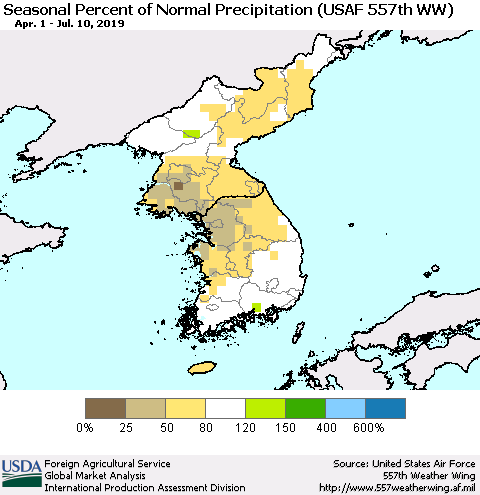 Korea Seasonal Percent of Normal Precipitation (USAF 557th WW) Thematic Map For 4/1/2019 - 7/10/2019