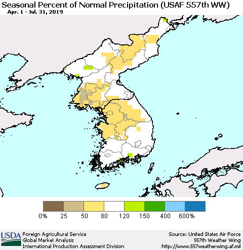 Korea Seasonal Percent of Normal Precipitation (USAF 557th WW) Thematic Map For 4/1/2019 - 7/31/2019