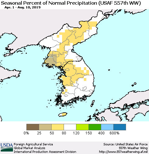 Korea Seasonal Percent of Normal Precipitation (USAF 557th WW) Thematic Map For 4/1/2019 - 8/10/2019