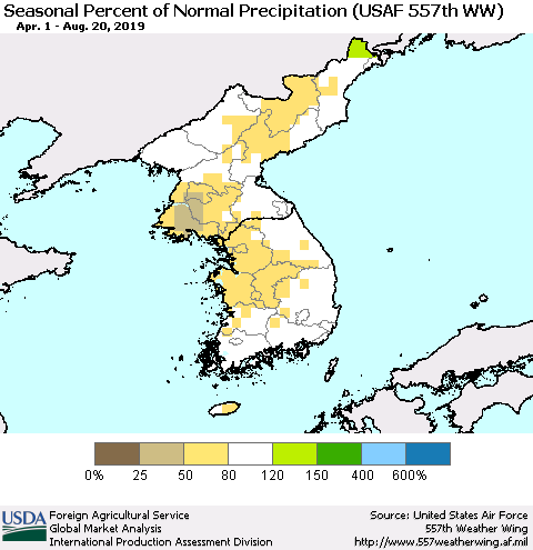 Korea Seasonal Percent of Normal Precipitation (USAF 557th WW) Thematic Map For 4/1/2019 - 8/20/2019