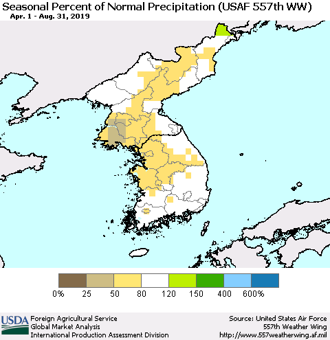 Korea Seasonal Percent of Normal Precipitation (USAF 557th WW) Thematic Map For 4/1/2019 - 8/31/2019