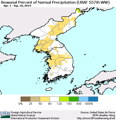 Korea Seasonal Percent of Normal Precipitation (USAF 557th WW) Thematic Map For 4/1/2019 - 9/10/2019