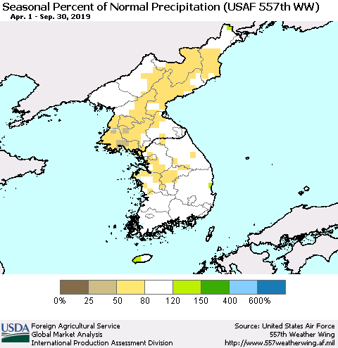 Korea Seasonal Percent of Normal Precipitation (USAF 557th WW) Thematic Map For 4/1/2019 - 9/30/2019