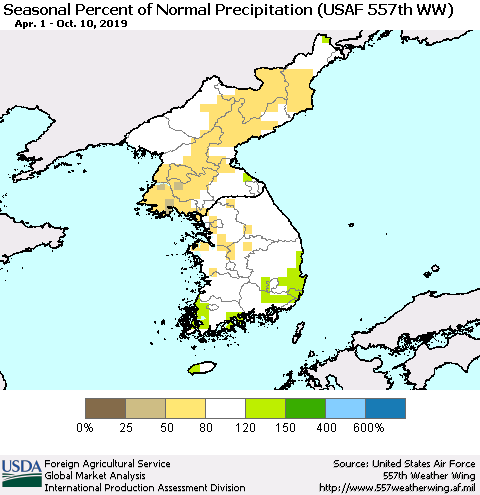 Korea Seasonal Percent of Normal Precipitation (USAF 557th WW) Thematic Map For 4/1/2019 - 10/10/2019