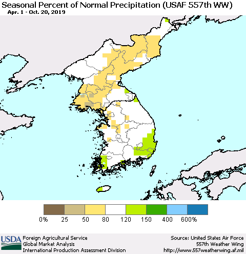 Korea Seasonal Percent of Normal Precipitation (USAF 557th WW) Thematic Map For 4/1/2019 - 10/20/2019