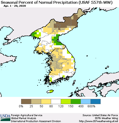 Korea Seasonal Percent of Normal Precipitation (USAF 557th WW) Thematic Map For 4/1/2020 - 4/20/2020