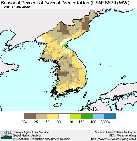 Korea Seasonal Percent of Normal Precipitation (USAF 557th WW) Thematic Map For 4/1/2020 - 4/30/2020