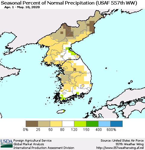 Korea Seasonal Percent of Normal Precipitation (USAF 557th WW) Thematic Map For 4/1/2020 - 5/10/2020