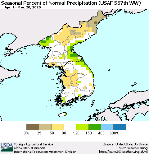 Korea Seasonal Percent of Normal Precipitation (USAF 557th WW) Thematic Map For 4/1/2020 - 5/20/2020