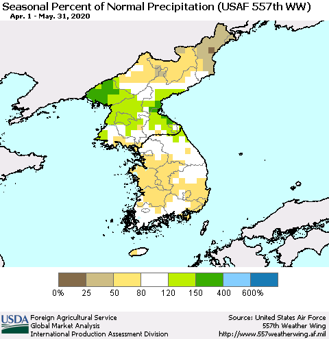 Korea Seasonal Percent of Normal Precipitation (USAF 557th WW) Thematic Map For 4/1/2020 - 5/31/2020