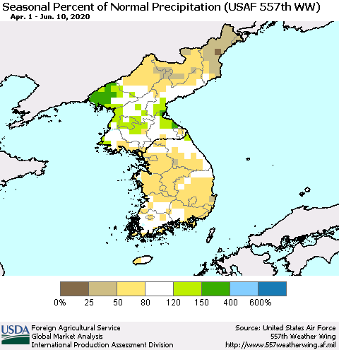 Korea Seasonal Percent of Normal Precipitation (USAF 557th WW) Thematic Map For 4/1/2020 - 6/10/2020