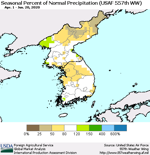 Korea Seasonal Percent of Normal Precipitation (USAF 557th WW) Thematic Map For 4/1/2020 - 6/20/2020