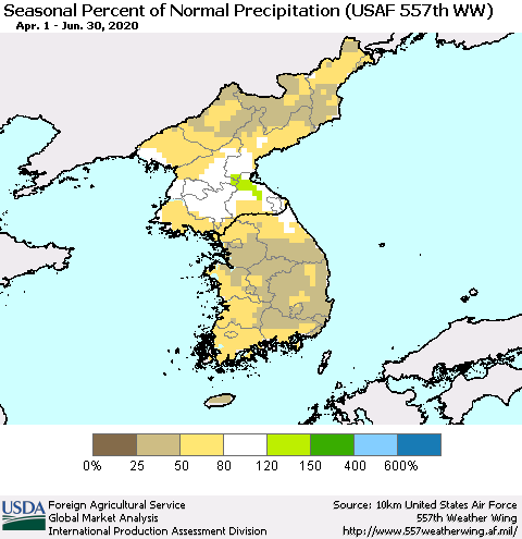 Korea Seasonal Percent of Normal Precipitation (USAF 557th WW) Thematic Map For 4/1/2020 - 6/30/2020