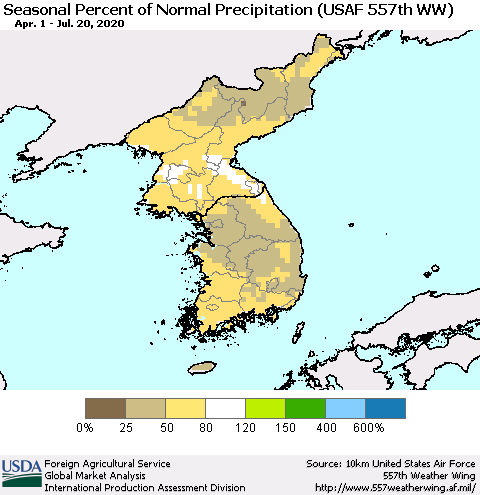 Korea Seasonal Percent of Normal Precipitation (USAF 557th WW) Thematic Map For 4/1/2020 - 7/20/2020
