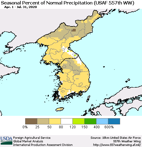 Korea Seasonal Percent of Normal Precipitation (USAF 557th WW) Thematic Map For 4/1/2020 - 7/31/2020